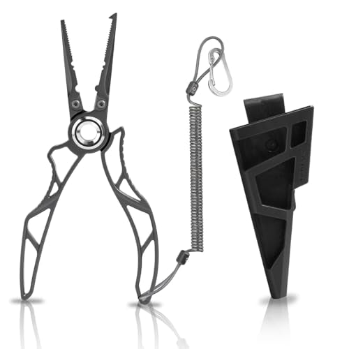 Gomexus 7 Inch Fishing Pliers and Titanium Plating, Saltwater Resistant Fishing Gear, Line Cutter, Hook Remover, Stainless Steel Split Ring Pliers with Carbide Blade-EXOSKELETON 7"