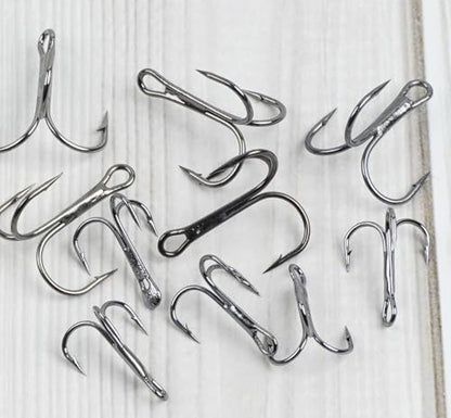 70pcs Fishing Treble Hooks Kit for Saltwater Freshwater, High Carbon Steel Barbed Treble Hooks Strong Sharp Round Bend Triple Fishing Hooks for Catfish Bass Trout Hard Baits Lures