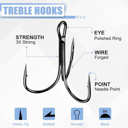 100pcs Fishing Treble Hook Kit, Round Bend Treble Hooks with Split Rings for Making Fishing Lure Spinner Spoon Crankbait - color: Black-100pcs