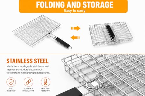 Stainless Steel Grill Basket, Foldable BBQ Grilling Baskets for Fish, Shrimp & Vegetables, Portable Outdoor Camping BBQ Rack, Heavy Duty Barbecue Accessories, Gift for Dad, Husband & Friends