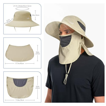 BASSDASH UPF 50+ Breathable Sun Hat with Removable Face Cover and Neck Flap Wide Brim Bucket Hat for Fishing Hiking Men Women - color: Cream
