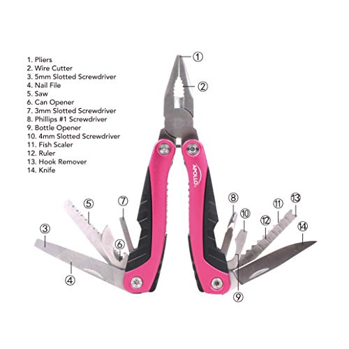 Apollo Tools 14-in-1 Steel Pocket Multitool Pliers, Dozens of Uses for Everyday Life, Repairs, Survival, Outdoors, Camping, Fishing - Pink Ribbon - Pink - DT5015P