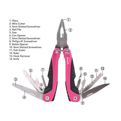 Apollo Tools 14-in-1 Steel Pocket Multitool Pliers, Dozens of Uses for Everyday Life, Repairs, Survival, Outdoors, Camping, Fishing - Pink Ribbon - Pink - DT5015P