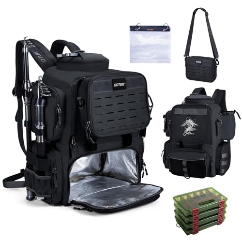 Goture Fishing Backpack with 4 Tackle Boxes,58L 900D Water-Resistant Tackle Backpack with Cooler,Rod Holders,8 Lure Pockets, Detachable Crossbody Bag,Gear Storage Large Fishing Bag for Camping Hiking - color: D1:black With 4 Tackle Boxes