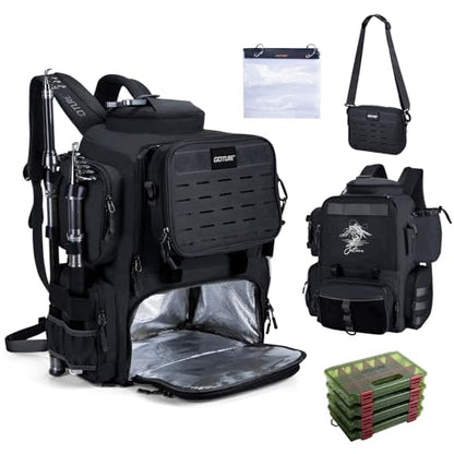 Goture Fishing Backpack with 4 Tackle Boxes,58L 900D Water-Resistant Tackle Backpack with Cooler,Rod Holders,8 Lure Pockets, Detachable Crossbody Bag,Gear Storage Large Fishing Bag for Camping Hiking - color: D1:black With 4 Tackle Boxes