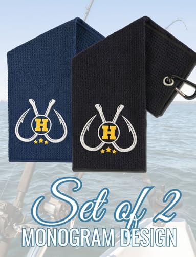 Embroidered Fishing Towels with Clip, Personalized Microfiber Towel Accessories for Fishing Lovers, 16x16 Inches, Pack of 2, Initial H - color: H