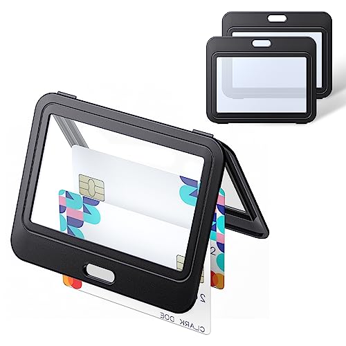 Uniclife 3 Pack ID Badge Holder with Double-Sided Windows Horizontal Hard Plastic Case Black Card Protector Pouch for Office School ID Credit Cards Proximity Key Cards Driver’s Licenses and Passes | Hard plastic horizontal holder with double-sided clear w