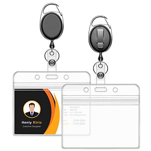 KTRIO ID Badge Holder with Retractable Reel, Horizontal, 2 Pack | Fits 3.7x3.4" Cards, Clear Horizontal Holder, 24" Retractable Badge Reel, Metal Clip & Key Ring, 2-Pack Set - style: 2 Pcs | Horizontal