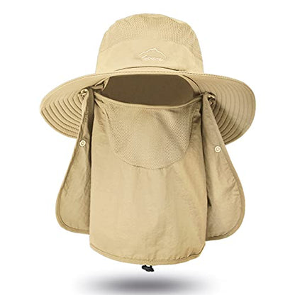 Fishing Hat for Men Sun Protection Hat with Removable Mesh Face Neck Flap Cover Windproof Strap for Men and Women - color: Khaki