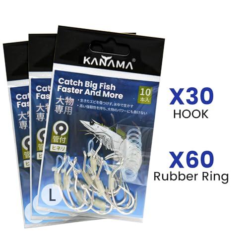 KANAMA Luminous Live Shrimp Hooks - High Carbon Steel Fishing Hooks Saltwater Corrosion Resistant Barbed Strong Hooks Freshwater Shrimp Walker, Ideal for Bass, Groupers, Pike, Catfish & More - size: L ×30