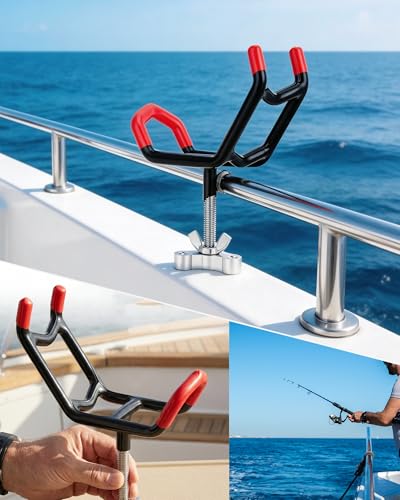 Dual-Angle Boat Fishing Rod Holder Rest, 4 Pack, 5° & 25° V-Shape Rod Cradle with Anti-Slip Rubber Tips, 3/8”-16 Thread Mount