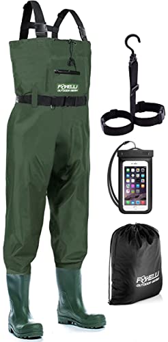 Foxelli Chest Waders – Waterproof 2-ply Nylon/PVC Camo Hunting Fishing Waders for Men and Women with Boots - color: Green, size: 7