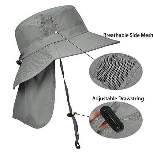 Catalonia Sun Hat for Men,Outdoor Wide Brim Hat with Neck Flap Cover for Fishing Hiking Safari Gardening - color: Grey / Side Mesh