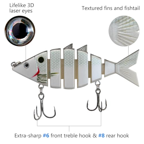 BASSDASH Bone Swimbait Multi Jointed Hard Fishing Lure for Bass Trout Bluegill Pike with Angled Cut Segments - color: White Shad