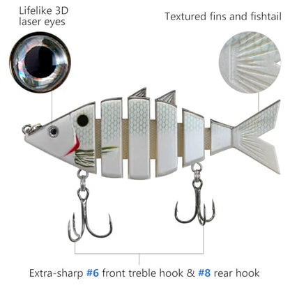 BASSDASH Bone Swimbait Multi Jointed Hard Fishing Lure for Bass Trout Bluegill Pike with Angled Cut Segments - color: White Shad