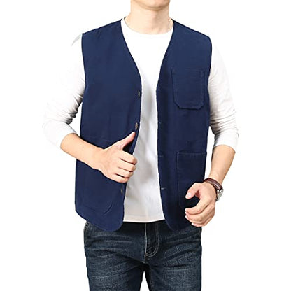 PRIJOUHE Men's Casual Outdoor Cotton Vest Lightweight Breathable Multi-Pocket Fishing Safari Travel Vests Outwear - color: 02-navy, size: X-Large