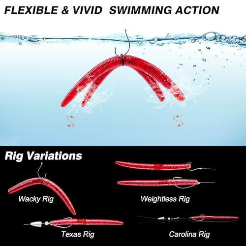 Goture Wacky Worm Fishing Lure Kit with Soft Plastics, Wacky Rig Tools, O-Rings, Worm & Drop Shot Hooks, Beads, Weights & Tackle Box - color: E:143pcs-(4" Soft Worm)&Soft Bait Bag