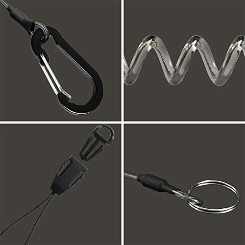 Lix&Rix Detachable Spiral Stretchy Coiled Lanyard with Carabiner | Ring and Quick Release Type, Outdoor Hunting Fishing Equipment Tool Tether Leash, Black 4pcs
