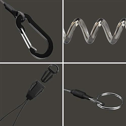 Lix&Rix Detachable Spiral Stretchy Coiled Lanyard with Carabiner | Ring and Quick Release Type, Outdoor Hunting Fishing Equipment Tool Tether Leash, Black 4pcs