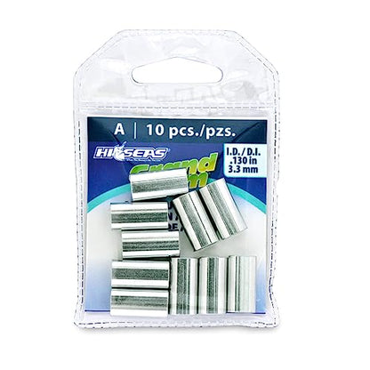 HI-SEAS Grand Slam Aluminum Fishing Line Crimp Sleeves - Retail Pack, Durable and Strong Crimps for Monofilament 40lb Test up to 600lb Test for Saltwater Fishing Leaders - style: 10 Pc/3.3 Mm Inside Diameter