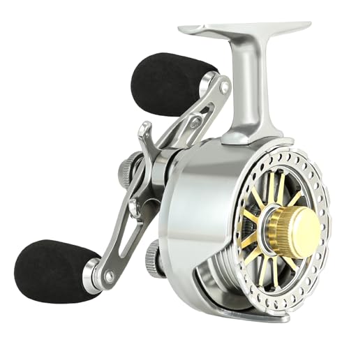 Inline Ice Fishing Reel with Adjustable Drop Rate, Star Drag and Push-Button Free Spool Feature, Made of CNC Machined Aluminum 2.7:1 Ratio 5 Ball Bearings