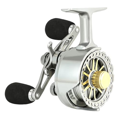 Inline Ice Fishing Reel with Adjustable Drop Rate, Star Drag and Push-Button Free Spool Feature, Made of CNC Machined Aluminum 2.7:1 Ratio 5 Ball Bearings