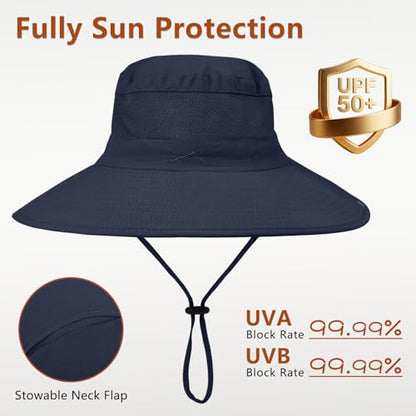 ZOORON Sun Hats for Men Women Fishing Hat with Neck Flap,UPF 50+ Sun Hat Waterproof Wide Brim Bucket Hats for Safari Hiking - color: 1-navy Blue-arm Sleeves
