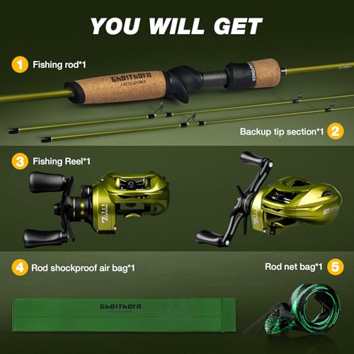 Ghosthorn Fishing Rod and Reel Combo Dual Tip Fishing Pole Baitcaster Combo Ultra Light 2-Piece Rod with Natural Cork Handle Ceramic Rings for Men Women - style: Cast-6'6" M-left Handed With Extra Tip