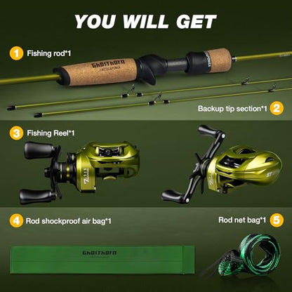 Ghosthorn Fishing Rod and Reel Combo Dual Tip Fishing Pole Baitcaster Combo Ultra Light 2-Piece Rod with Natural Cork Handle Ceramic Rings for Men Women - style: Cast-6'8" Mh-left Handed With Extra Tip