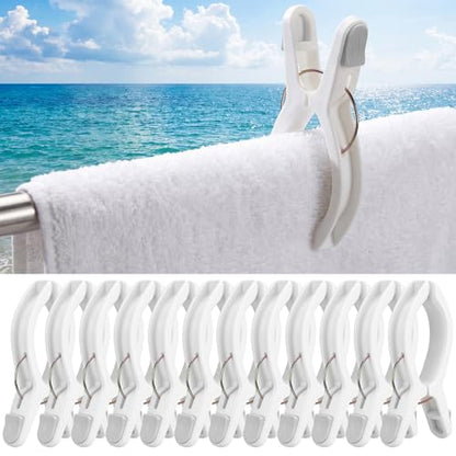 Amyhill 12 Pack Beach Towel Clips Extra Large 6.3 Inch Pool Towel Clips for Chairs Pool Cruise Pontoon Boat Jumbo Windproof Heavy Duty Blanket Clamps Holder for Clothes Pegs Hanging Outdoor, White