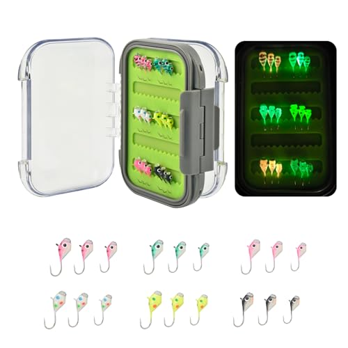 Tungsten Jigs, 18/27Pcs Tungsten Ice Fishing Jigs Kit for Panfish 3.2/4/5mm Glow in Dark Teardrop Ice Fishing Lure Jigs with Two-Sided Jig Box Assortment