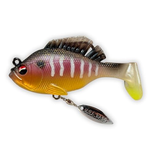 USA Bass Tackle - Hand Poured Underspin Gill - Weedless Gilly Paddletail Sleeper Swimbait with Bass-Tech Soft Plastic & Owner Mega Jig Hook Largemouth Smallmouth Spotted Bass - color: Standard Gill, size: 1/2