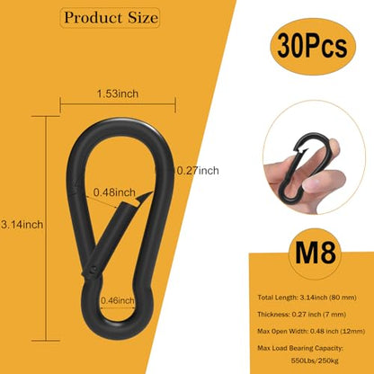 Heavy-Duty Carabiner Clip 1.57"–5.5", Black/Silver Spring Snap Hook, Quick Link Keychain Clip for Keys, Swing Set, Camping, Fishing, Hiking & Traveling (120–1350 lbs) - color: Black, size: 3.12Inch(M8)-30PCS