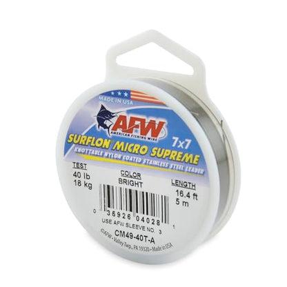 American Fishing Wire Surflon Micro Supreme Nylon Coated 7x7 Stainless Steel Leader Wire - Knottable Wire Leaders for Fishing Saltwater, Fly Fishing, 13lb Test - 90lb Test, Bright, Black & Camo Colors - color: Bright, style: 5 Meter, 40 Pound Test