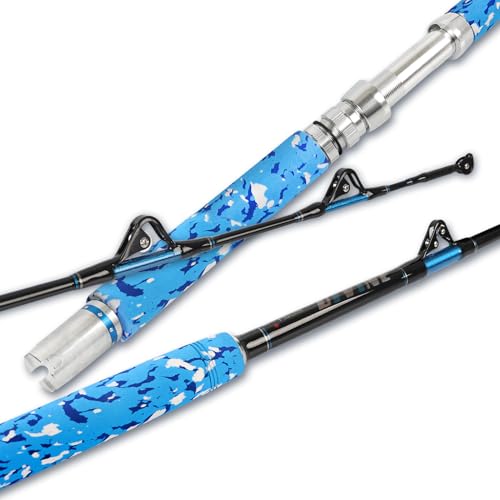 Fiblink Fishing Trolling Rod 1 Piece/2 Piece Saltwater Offshore Heavy Roller Rod Big Game Conventional Boat Camo Fishing Pole (6'/6'6",30-50lb/50-80lb/80-120lb) - style: 6'6" - 30-50lb - 1pc - Straight