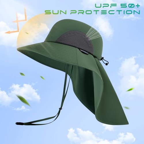 UPF 50+ Foldable Sun Hats Wide Brim with Large Neck Flap for Men Women UV Protection Gardening Fishing Beach Hat - color: Green