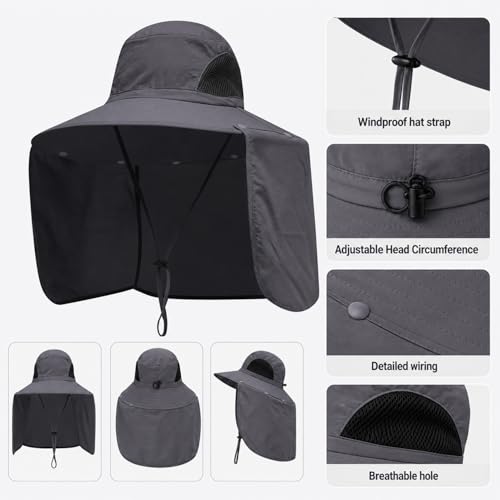 HUAMULAN Women Large Brim Sun Hat with Neck Flap, Men Quick Dry Hiking Fishing Safari Hat UPF 50+ - color: Yq005-darkgray