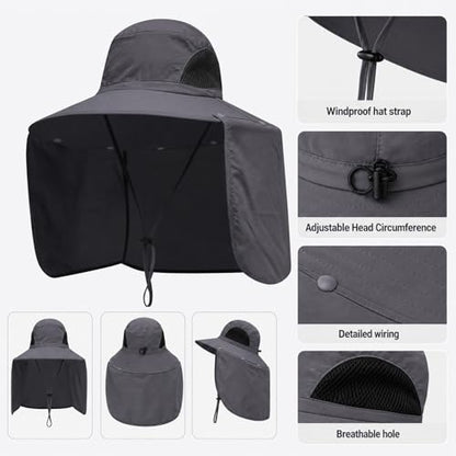 HUAMULAN Women Large Brim Sun Hat with Neck Flap, Men Quick Dry Hiking Fishing Safari Hat UPF 50+ - color: Yq005-darkgray