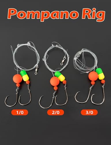 BLUEWING 3Pcs Pompano Rigs for Surf Fishing Pre-Rigged with Floats, High-Low High Carbon Steel Circle Hooks Saltwater Fish Tackle - size: 1/0 - 3pcs