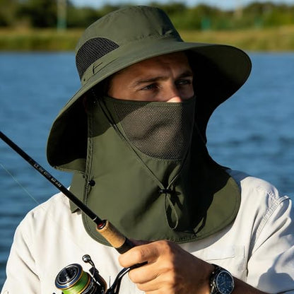 Sun Hat for Men and Women, UPF 50+ UV Protection, Wide Brim Breathable, Fish Hat with Neck Flap and Breathable Face Mask - color: Military Green