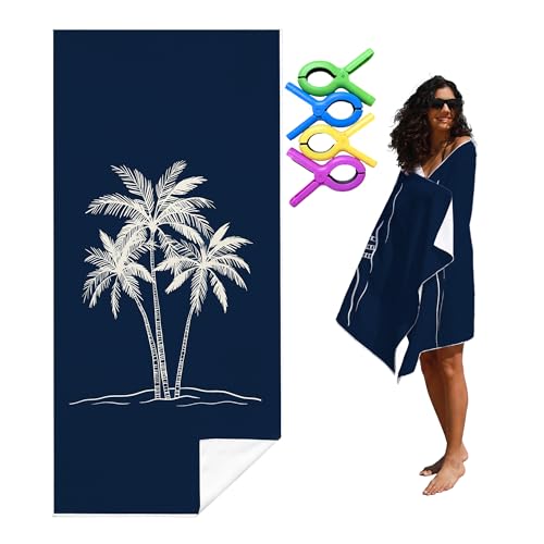 Tropical Navy Blue Palm Tree Beach Towel with Clips Set - Summer Nautical Coastal Large Sand Free Towel 30x60 Inch for Beach Camping Swim Pool Gym Sports & Yoga - color: Btowels02