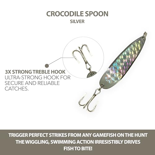 Crocodile Spoon Fishing Lures 2oz, 6 Pcs Silver Finish with 3X Strong Mustad Treble Hooks for Saltwater & Freshwater Fishing, Includes Durable Hook Set, Ideal for Tuna, & More