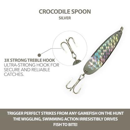 Crocodile Spoon Fishing Lures 2oz, 6 Pcs Silver Finish with 3X Strong Mustad Treble Hooks for Saltwater & Freshwater Fishing, Includes Durable Hook Set, Ideal for Tuna, & More