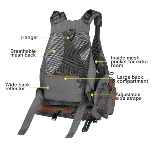 Gonex Fly Fishing Vest for Men Women, Comfortable Adjustable Fishing Vest with Multi-Pockets Reflective Stripes - color: Gray+brown