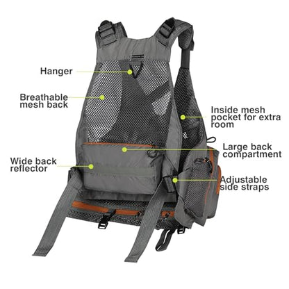Gonex Fly Fishing Vest for Men Women, Comfortable Adjustable Fishing Vest with Multi-Pockets Reflective Stripes - color: Gray+brown