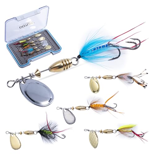 Goture Trout Lures Fishing Spinners,Rooster Bait Tail Bass Fishing Lures with Brass Spinner Blade Fish-Shaped Jig Heads for Freshwater Saltwater,Salmon Steelhead Trout Spinner Bait with Tackle Box - color: D:5pcs Trout Spinners