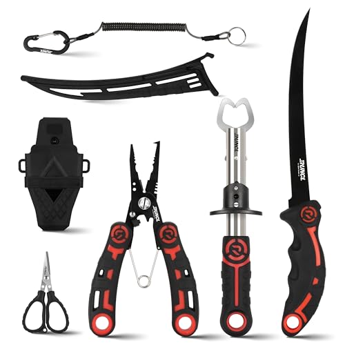 RUNCL 4pc Fishing Tool Kit- Fishing Pliers, Fish Fillet Knife with Sharpener, Fish Lip Gripper, Fishing Braid Scissors, Saltwater Fishing Gear and Equipment with Sheath/Lanyard, Fishing Gifts for Men - size: 9 inch