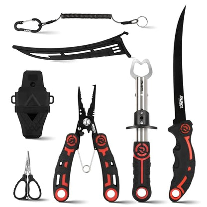 RUNCL 4pc Fishing Tool Kit- Fishing Pliers, Fish Fillet Knife with Sharpener, Fish Lip Gripper, Fishing Braid Scissors, Saltwater Fishing Gear and Equipment with Sheath/Lanyard, Fishing Gifts for Men - size: 9 inch