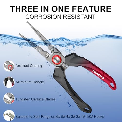 TRUSCEND Lockable Fishing Pliers with High Tungsten Carbide Cutter, Innovative Ergonomic Handy Handle, Saltwater Corrosion Resistant Teflon Coated Fishing Tool, Super Light Multi-Function Fishing Gear - color: A3-red
