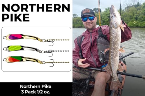 IRON DECOY Spoon Fishing Lures 3-Pack, Multi-Species Metal Spoons for Trout, Walleye, Bass, Salmon, Pike, Ice Fishing & Trolling, Vibrating Spoon Lure Kit - color: Northern Pike, 1/2 oz